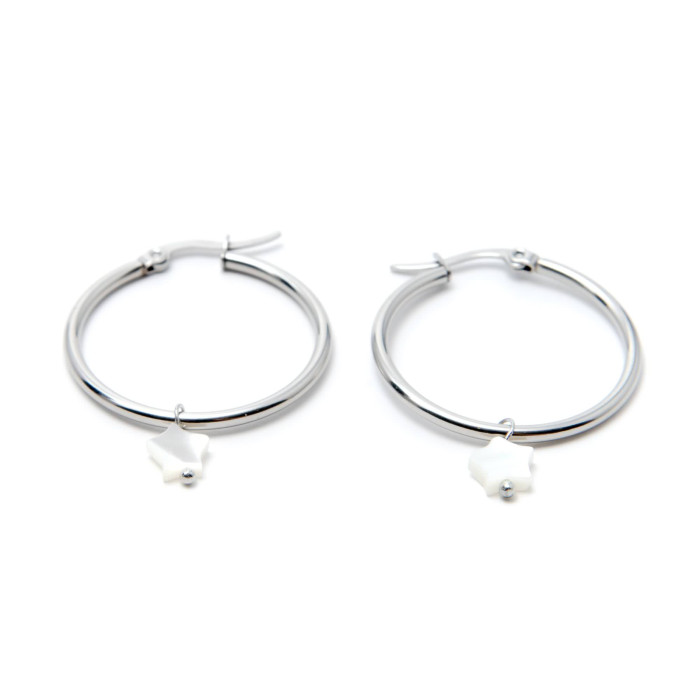 PENDIENTES ARO ACERO 30MM Y ESTRELLA DE NÁCAR