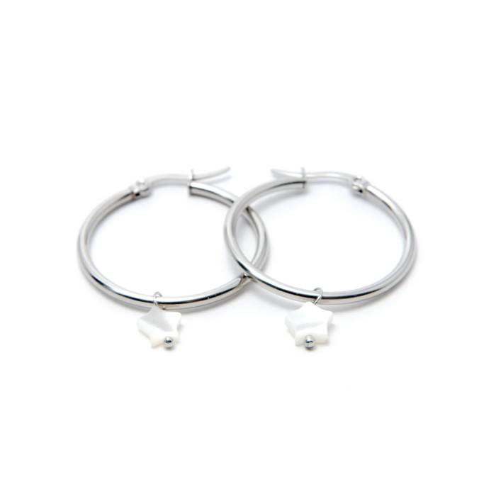 PENDIENTES ARO ACERO 30MM Y ESTRELLA DE NÁCAR
