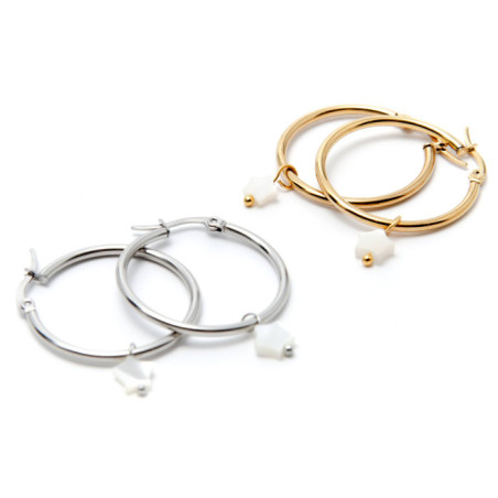 PENDIENTES ARO ACERO 30MM Y ESTRELLA DE NÁCAR