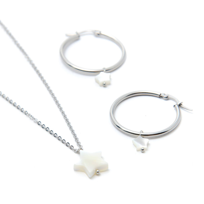 PENDIENTES ARO ACERO 30MM Y ESTRELLA DE NÁCAR