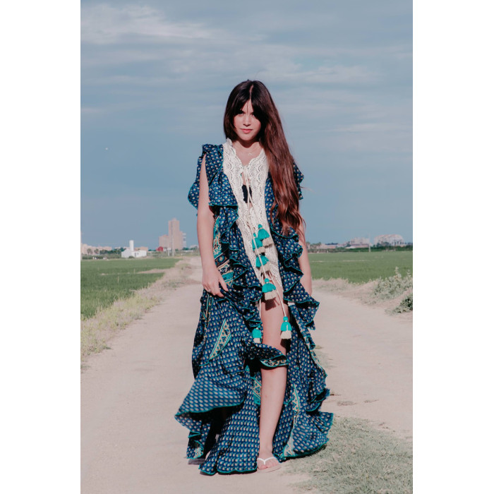 VESTIDO BOHO CHIC SEDA COLORES AZULADOS