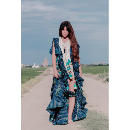 VESTIDO BOHO CHIC SEDA COLORES AZULADOS