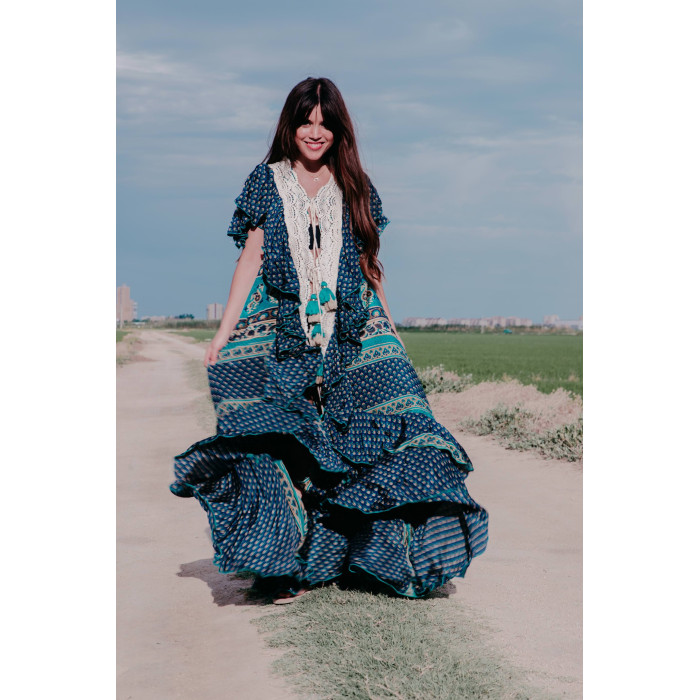 VESTIDO BOHO CHIC SEDA COLORES AZULADOS