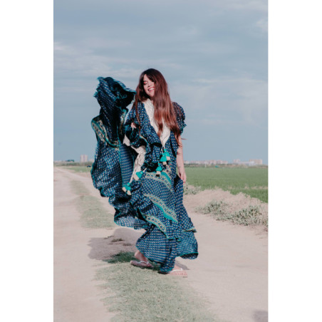 VESTIDO BOHO CHIC SEDA COLORES AZULADOS