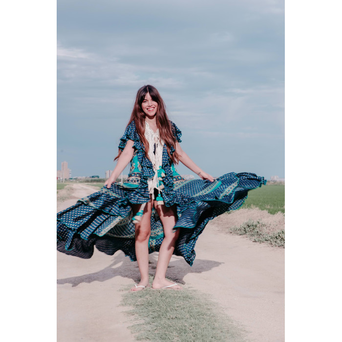 VESTIDO BOHO CHIC SEDA COLORES AZULADOS