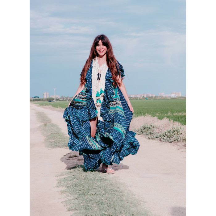 VESTIDO BOHO CHIC SEDA COLORES AZULADOS