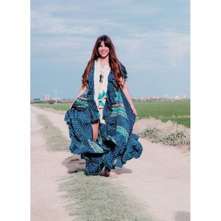 VESTIDO BOHO CHIC SEDA COLORES AZULADOS