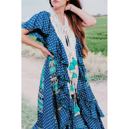 VESTIDO BOHO CHIC SEDA COLORES AZULADOS