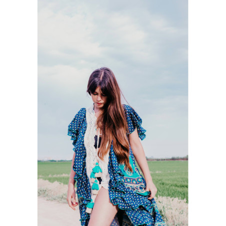 VESTIDO BOHO CHIC SEDA COLORES AZULADOS