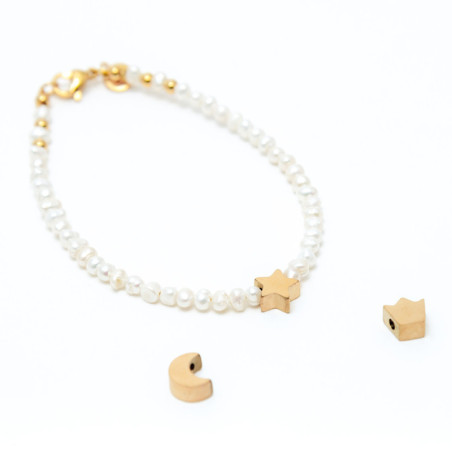 PULSERA PERLAS ACERO + estrella/luna o flor